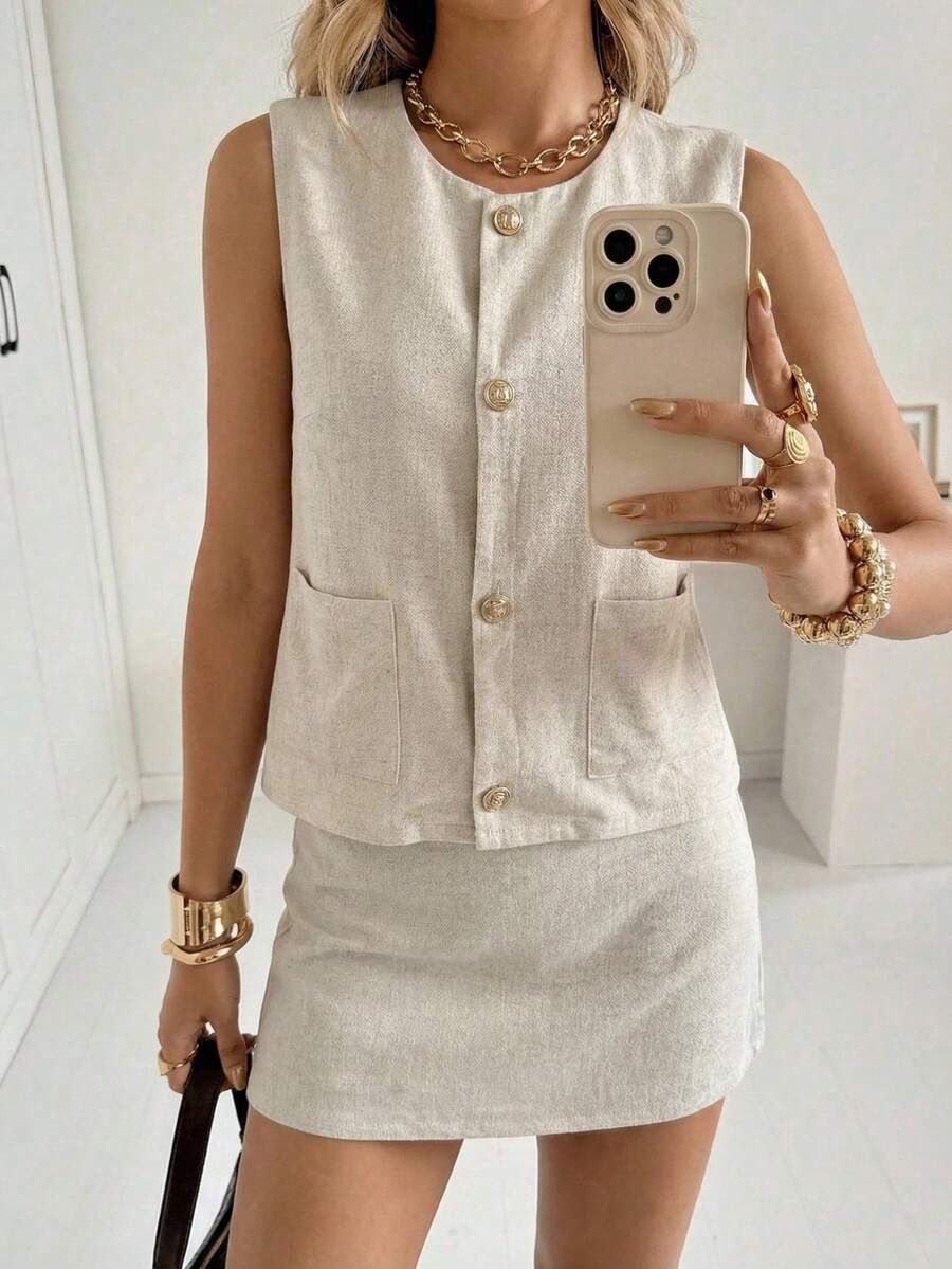 SHEIN EZwear Set de 2 piezas: Top sin mangas + Falda - Caqui - Ver 1