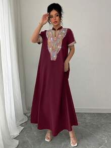 Rafferiza 撞色刺绣立领水钻装饰宽松女式长裙 - 酒紅色 - 查看 4