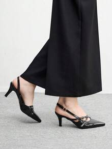 CUCCOO BIZCHIC Women's Pointed Toe Buckle Design Elegant Fashion High Heel Pumps - Shining Night Black - View 3