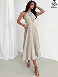 Firerie New Spring/Summer Women Elegant Casual Minimalist Commute & Vacation Dress, Linen-Like Bamboo Texture Halter Neck Cinched Waist A-Line Backless Slimming Maxi Dress, Casual Vacation, Beach, Outdoor Daily Wear, Beach Dress Outfit - Light Grey - View 6