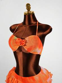 Solea Vida Sexy Vacation Halter Neck Ruffle Hem 2 Pieces Set - Orange - View 3