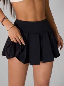 SHEIN PETITE 纯色学院风休闲针织百褶超短裙 - 黑色 - 查看 6