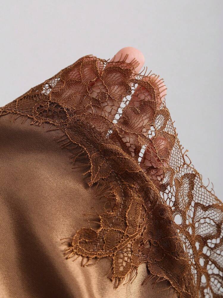 Sweetra Nuevo vestido mini de satén con encaje en contraste, color café, adecuado para uso en fiestas, primavera/verano - Café - Añade 3