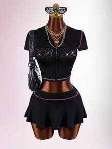 Amplova Y2K Style English Letter Front Zipper Cropped Top & Mini Skirt 2 Pieces Set For Women - Black - View 2