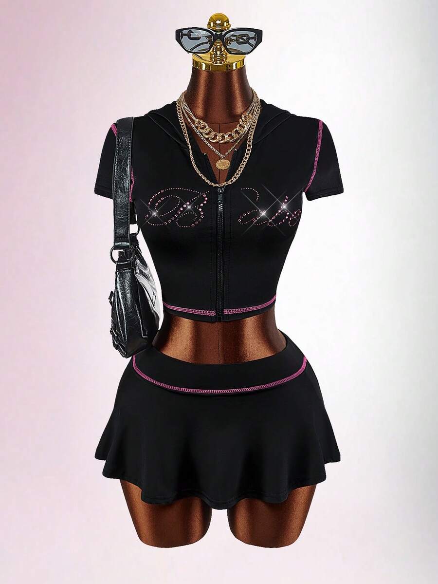 Amplova Y2K风格英文字母前拉链露脐上衣和迷你裙两件套女装 - 黑色 - 查看 1