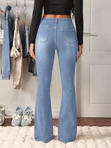 SHEIN Tall 休闲百搭珍珠装饰低腰喇叭牛仔裤 - 淺色水洗藍 - 查看 3