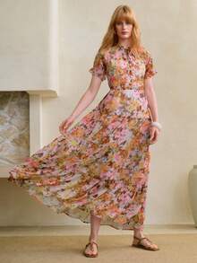 Arave 优雅印花雪纺荷叶边下摆女式连衣裙 - 粉色 - 查看 4