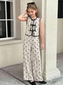 SHEIN Serisse Kids 少女蝴蝶印花撞色滚边蝴蝶结装饰无袖上衣和阔腿裤两件套 - 杏色 - 查看 7