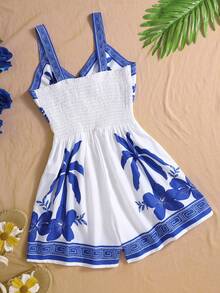 SHEIN 这款夏季惊艳的蓝白印花吊带连体裤专为少女设计，散发着清新夏日气息；精致的细节设计更添时尚感，是旅行度假的完美之选——美得令人难以置信！Bohemela - 彩色 - 查看 2