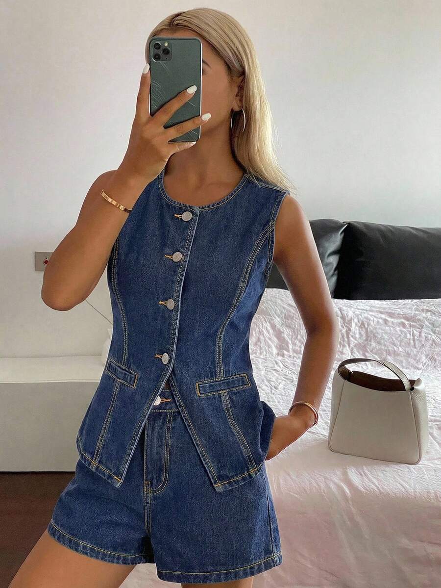 SHEIN 夏季新款商务休闲牛仔套装 - 深色水洗藍 - 查看 1