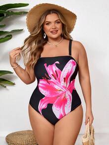 SHEIN CURVE+ 大码女士连体泳衣，夏季度假印花泳装 - 黑色 - 查看 5