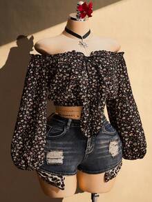 SHEIN ICON Áo croptop trễ vai buộc dây họa tiết hoa nhí dành cho nữ cỡ lớn - Nhiều màu - Xem 5