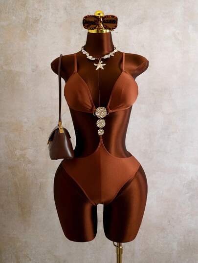 Swim Chiccia Women's One-Piece Swimsuit, Sexy Casual Vacation Minimalist Elegant Hollow Out Solid Color Spaghetti Strap One-Piece Swimwear, Spring/Summer