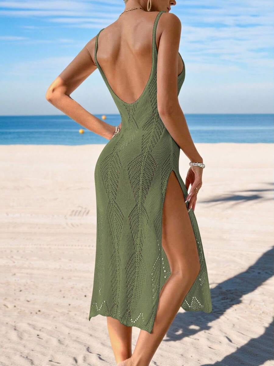 Selianne Women's Casual Green Semi-Sheer Fabric Backless Spaghetti Strap Sleeveless Plain Regular Cover Up - Green - View 1