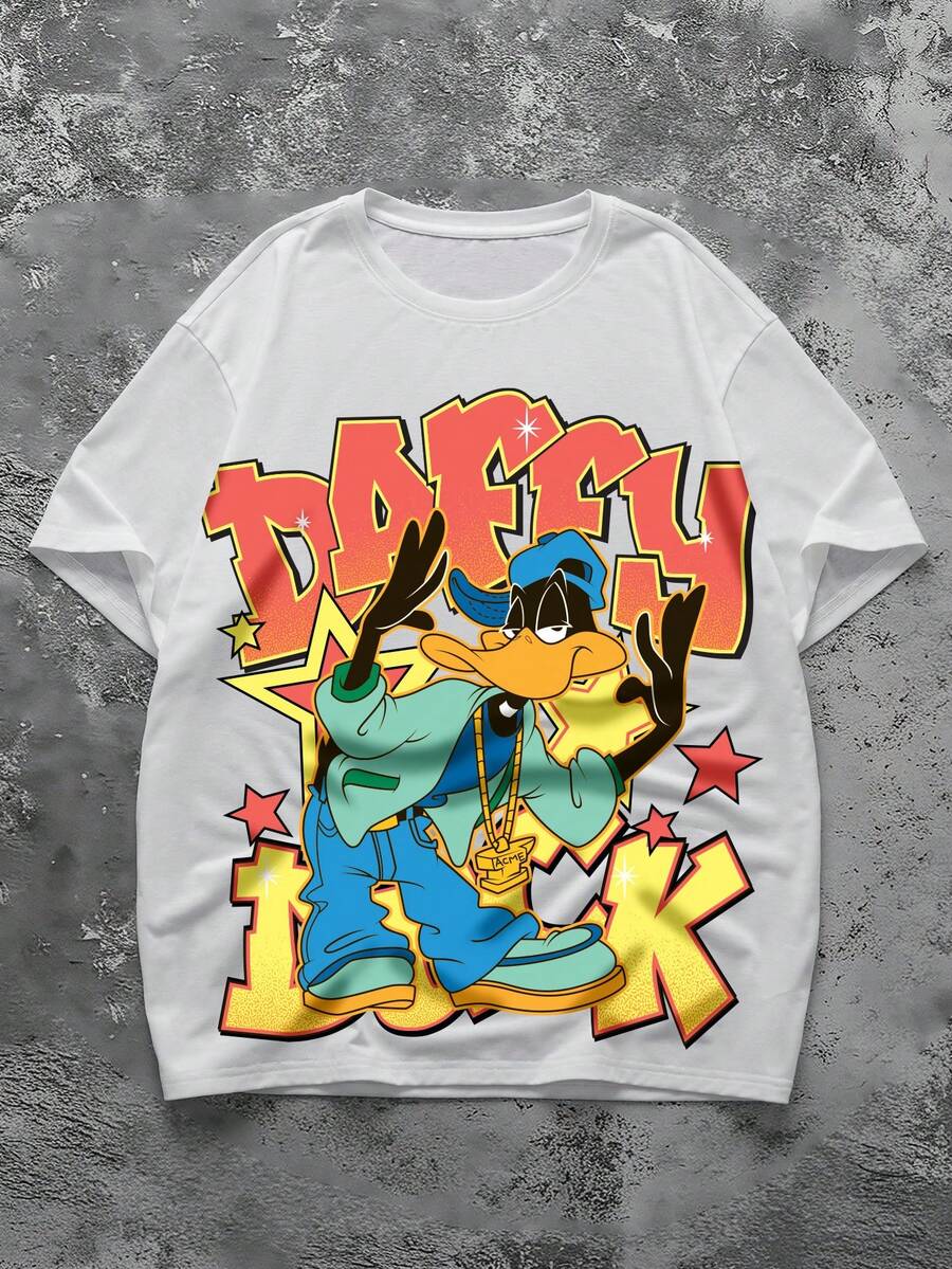 LOONEY TUNES X SHEIN Men's Casual Everyday Commute Funny Cartoon Letter & Star Print Short Sleeve T-Shirt, Summer - White - View 1