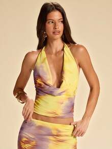 SHEIN BAE 女士印花垂领吊带背心和迷你裙两件套度假套装 - 黃色 - 查看 6