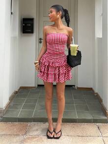 Muchica 女士夏季沙滩度假格纹印花褶皱腰部层叠荷叶边抹胸连衣裙 - 紅白色 - 查看 7