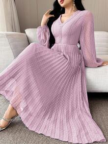 Modelyn Gaun Midi Elegan Berlipit Leher V untuk Wanita, Cocok untuk Pesta dan Acara di Musim Panas - Mauve Purple - View 5