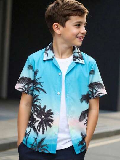 SHEIN Tween Boy Summer Casual Fashionable Beach Vacation Tropical Palm Tree Ombre Print Short Sleeve Shirt Summer Y2k Vacation Goth Gothic Streetwear Sumwon Burgundy Holiday Vintage Boho Festival Gras Party Cute Birthday Boys Modest Home Casual Cozy