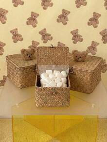 Joivida 1Pc/2Pcs Japanese Handwoven Seagrass Storage Basket With Lid, Home Desktop Cosmetic Sundry Organizer - Multicolor - View 1