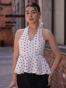 Andrea Bello 时尚性感圆点印花露背吊带上衣 - 白色 - 查看 4