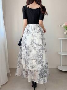 FRIFUL Women's Square Neck Petal Sleeve Criss-Cross Front Strap Patchwork Hem A-Line Floral Print Dress, Sweet Vacation Style For Summer Sundress - Black - View 4