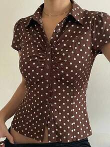 SHEIN EZwear 棕色梭织波点修身女式衬衫 - 咖啡棕 - 查看 8