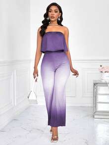 Chiquease 女士褶皱抹胸上衣和渐变喇叭裤休闲两件套 - 淡紫色 - 查看 6