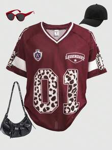 SHEIN 少女休闲豹纹数字图案T恤，夏季 - 紅色 - 查看 1