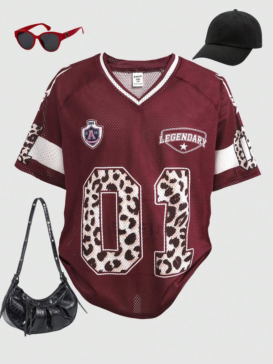 SHEIN 少女休闲豹纹数字图案T恤，夏季 - 紅色 - 查看 1