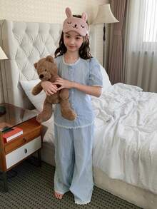 DAZY 少女泡泡袖纽扣上衣和裤子睡衣套装 - 綠色 - 查看 4