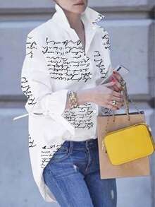 SHEIN Unity 女士休闲宽松字母印花长袖衬衫、长袖上衣 - 白色 - 查看 1