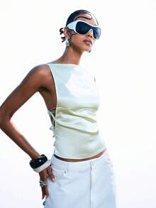 LYSMO 女士纯色船领网纱拼接露背时尚吊带衫 - 綠色 - 查看 7