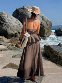 DAZY Brown Dress, Elegant Fitted Waist Casual Vacation Dress, Suitable For Spring, Summer, Valentine's Day, Wedding, Beach Sundress - Coffee - View 2