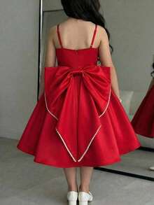 SHEIN Đầm hai dây màu đỏ trơn thanh lịch cho bé gái tuổi teen, có nơ lớn phía sau, thích hợp mặc đi dự tiệc hoặc ngày Valentine. - Đỏ - Xem 10
