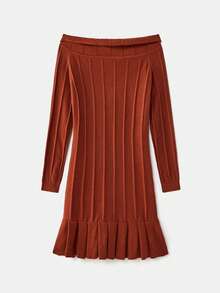 lacRébo Brown Mini Knitted Dress With Volant And Cable Details, Every Occasion - Orange - View 7