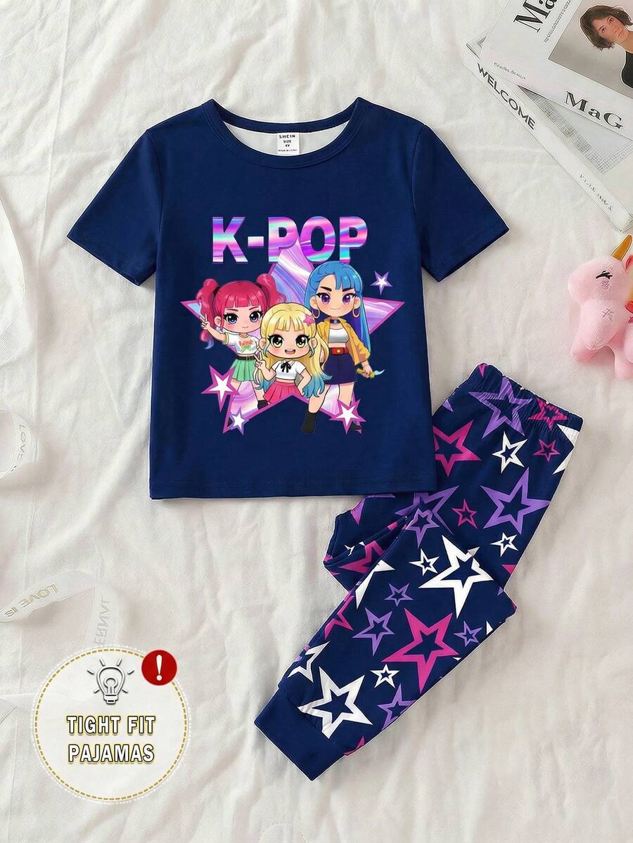 2pcs/Set Young Girl' KPOP Navy Blue Round Neck Short Sleeve Top And Leggings Knit Fabric Soft Stretchy Snug Fit Pajamas Set, Suitable For Spring/Summer Lightweight - Blue - View 1