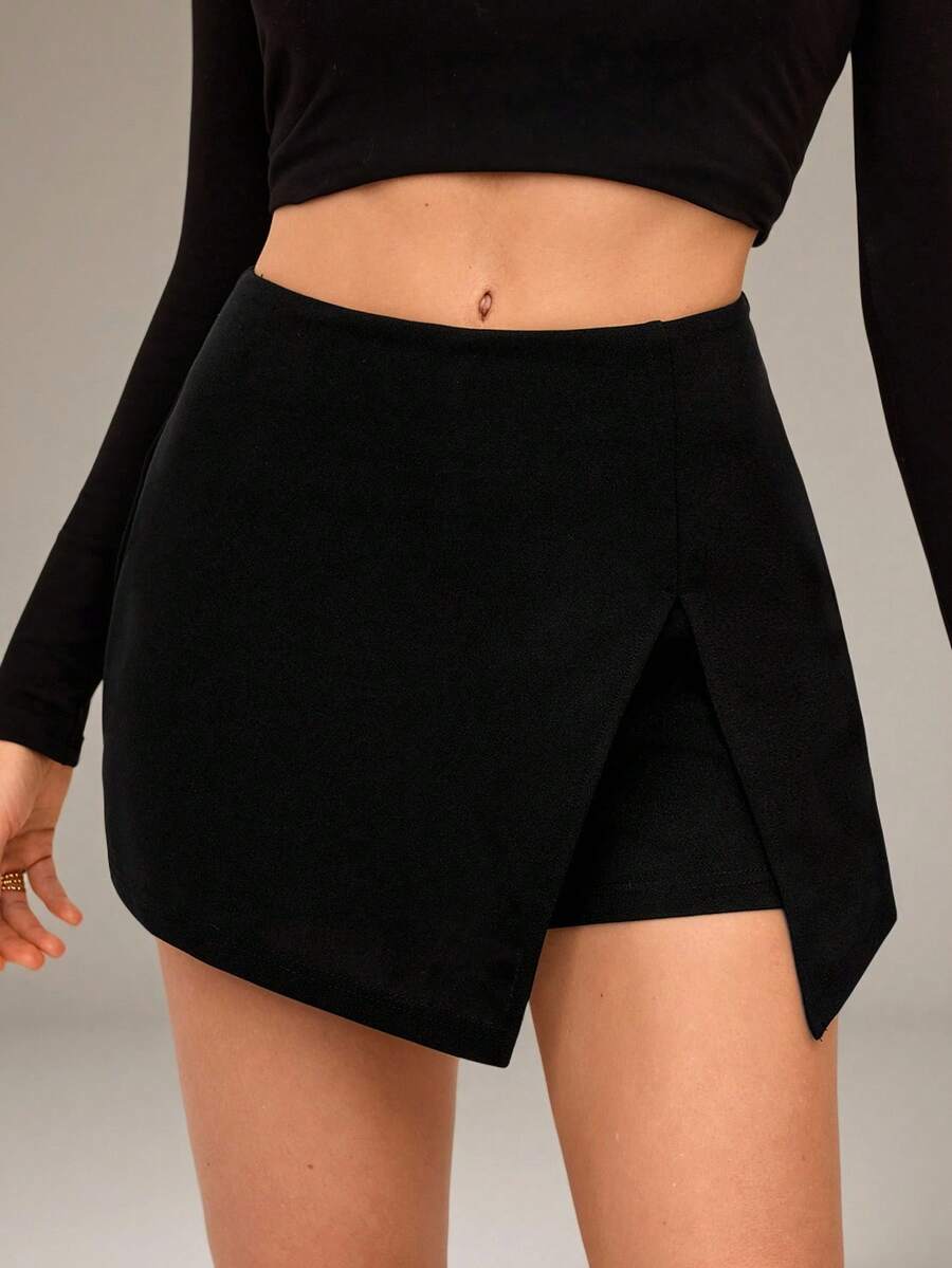 SHEIN Tall Quần short trơn màu, kiểu dáng thường ngày, đa năng, có thể xắn gấu. - màu đen - Xem 1
