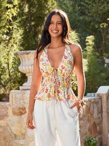 KARISMINA Women's Fashionable Casual Elegant Romantic Vacation Halter Neck Printed Blouse, Yellow Women's Top - Yellow - View 8