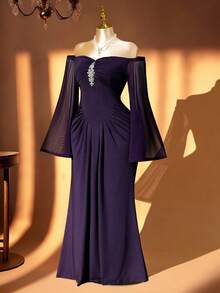 Rometta Plus Size Women's New Greek Goddess Elegant Party Rhinestone Decor Off Shoulder Flare Sleeve Evening Gown, Dreamy Purple Waist-Cinching Bodycon Floor-Length Formal Dress - Purple - View 1