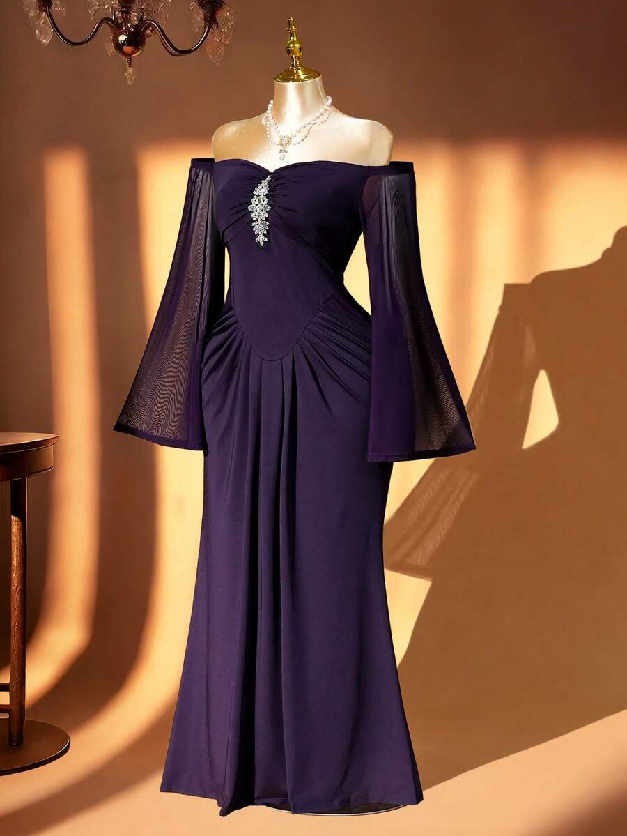 Rometta Plus Size Women's New Greek Goddess Elegant Party Rhinestone Decor Off Shoulder Flare Sleeve Evening Gown, Dreamy Purple Waist-Cinching Bodycon Floor-Length Formal Dress - Purple - View 1