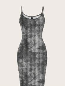 SHEIN EZwear 休闲简约街头风全印花浅色扎染图案修身吊带长裙，适合夏季穿着 - 彩色 - 查看 4