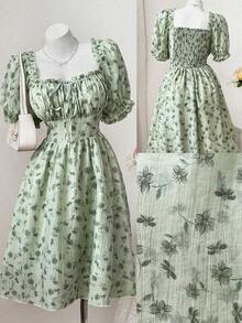 Sweetra Đầm hoa kẻ caro dáng rộng thanh lịch, thắt eo, thích hợp cho mùa xuân/hè. - màu xanh lá - Xem 1