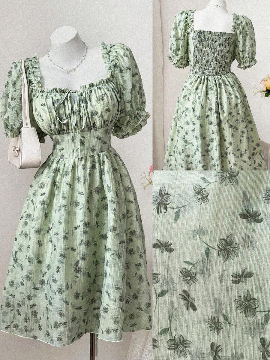 Sweetra Đầm hoa kẻ caro dáng rộng thanh lịch, thắt eo, thích hợp cho mùa xuân/hè. - màu xanh lá - Xem 1