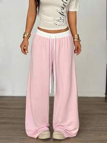 Muchica Women's Drawstring Waist Casual Versatile Daily Wear Wide Leg Pants - Pink - View 3
