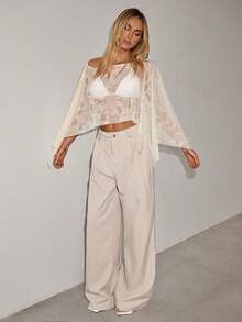 SHEIN ICON 女士宽松蕾丝休闲度假短款上衣 - 杏色 - 查看 4