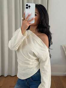 Siren Gaze 100%纯棉米白色不对称肩部女式上衣 - 优雅褶裥腰身简约风格衬衫，适合秋、春、夏度假、海滩穿着，完美适用于约会、派对、办公、婚礼宾客及旅行等场合。 - 彩色 - 查看 5