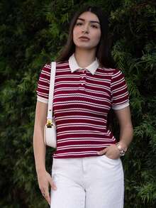 Andrea Bello Vintage Elegant Women Polo Collar Jacquard Casual Commute Vacation T-Shirt Summer For Women Vacation Women Tops Women Western Wear Women Business Casual Woman Summer Clothes Going Out Tops Women Cute Tops Vacation Women Office For Women Church Clothes Women Summer Tops Women Back To School Clothes Teacher For Women Going Out Tops Women Women Clothes Clothes Church Spring - Burgundy - View 3