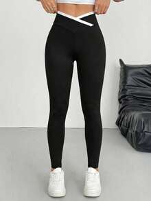 SHEIN EZwear 女士紧身喇叭裤，黑白撞色设计 - 黑與白 - 查看 6