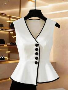 Rafferiza Blusa sin mangas elegante y de estilo informal para mujer con ribete de volantes y diseño de solapa única, para verano - Multicolor - Ver 6